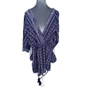 Skies Are Blue Womens Romper Top With Tassels Medium 100% Rayon Navy & White Boh